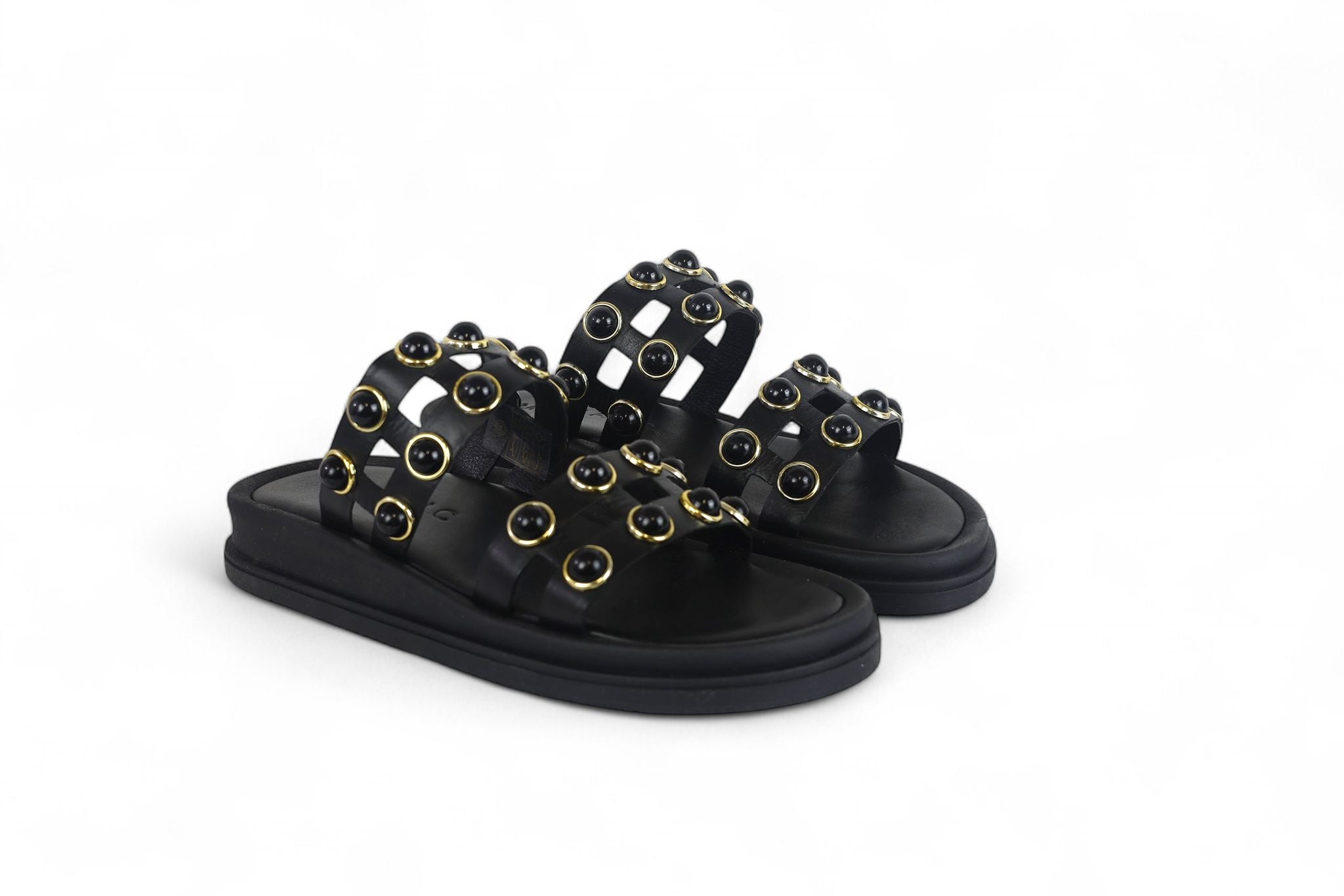 Mosaic slider donna in pelle nera con borchie nere e oro