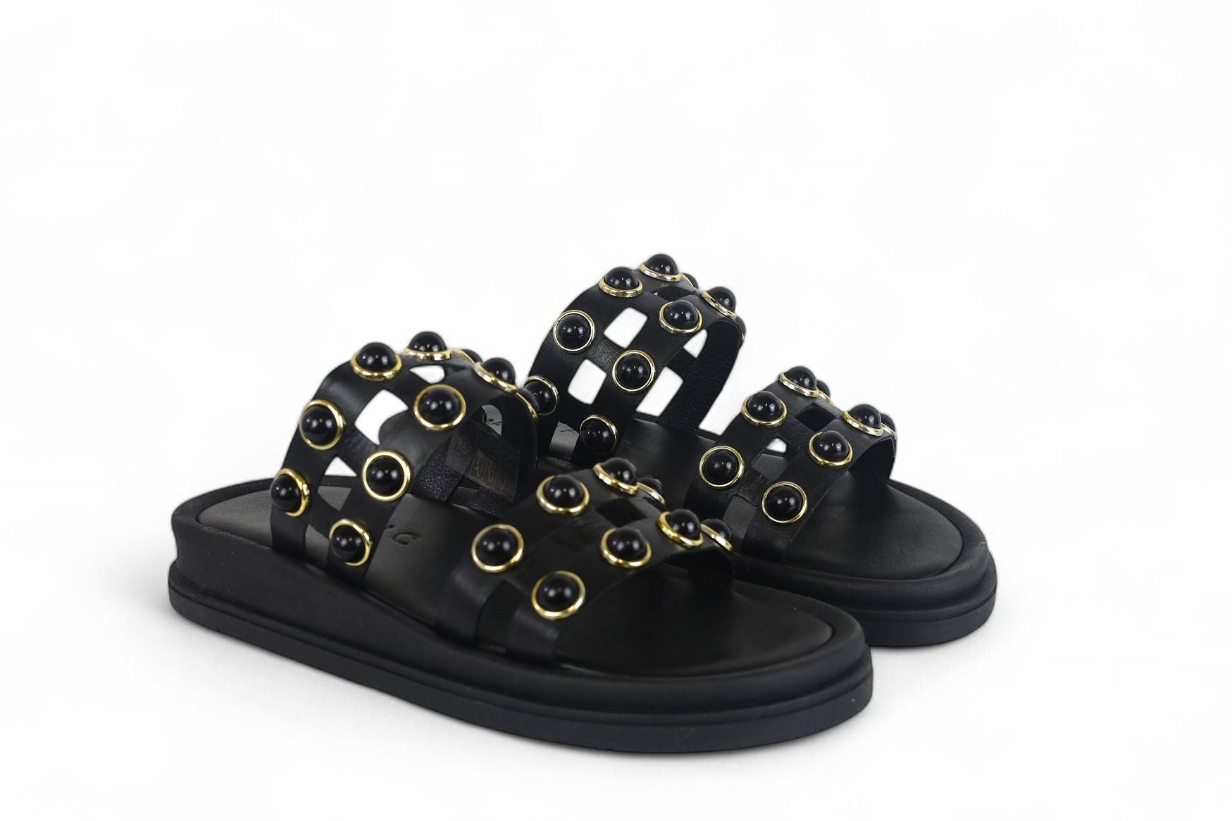 Mosaic slider donna in pelle nera con borchie nere e oro