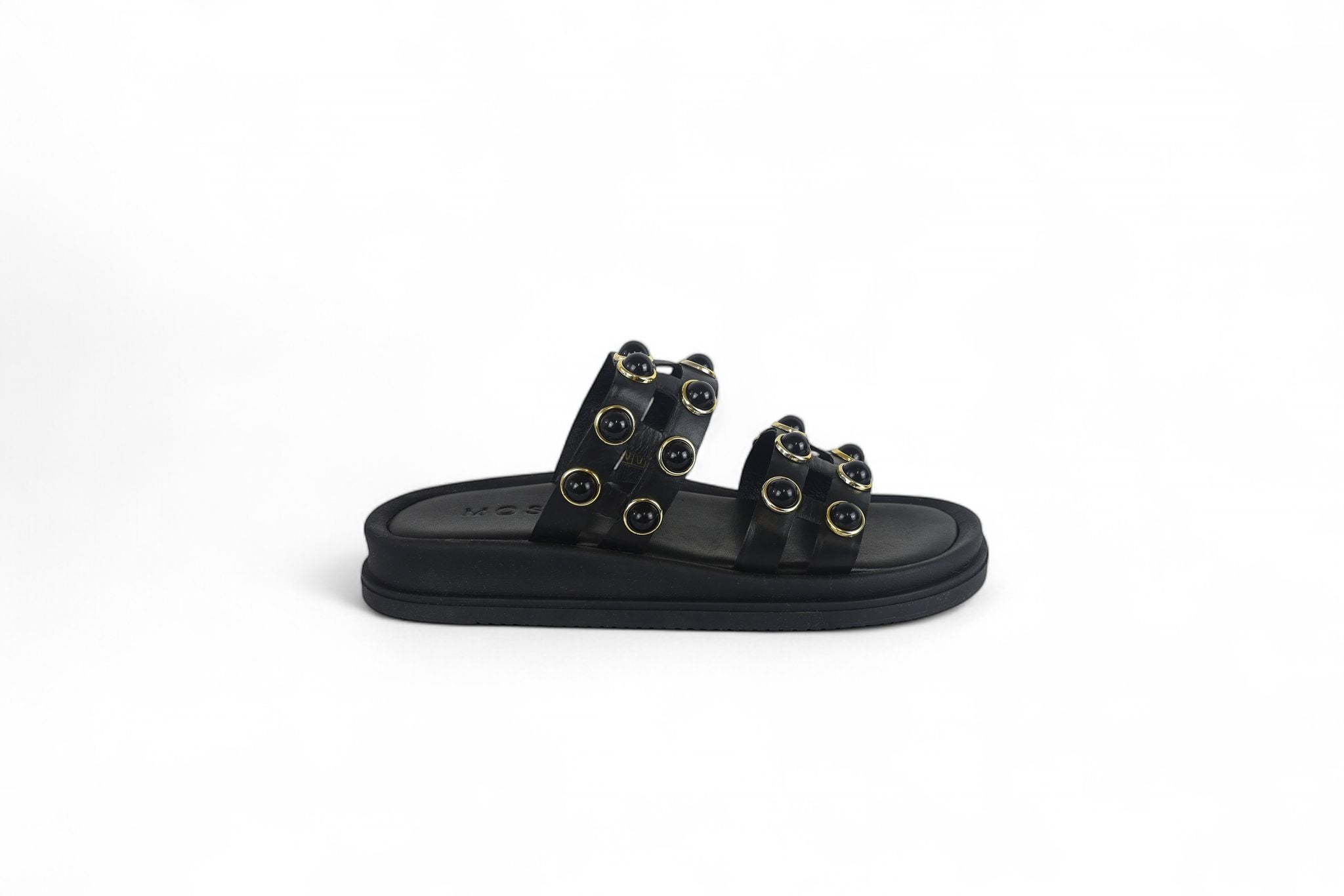 Mosaic slider donna in pelle nera con borchie nere e oro