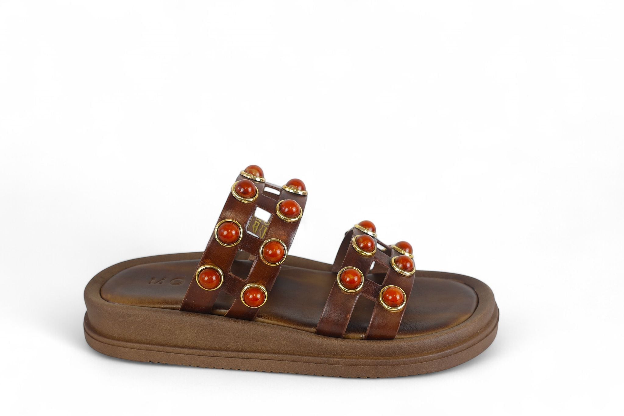 Mosaic slider donna in pelle marrone e borchie rosse e oro