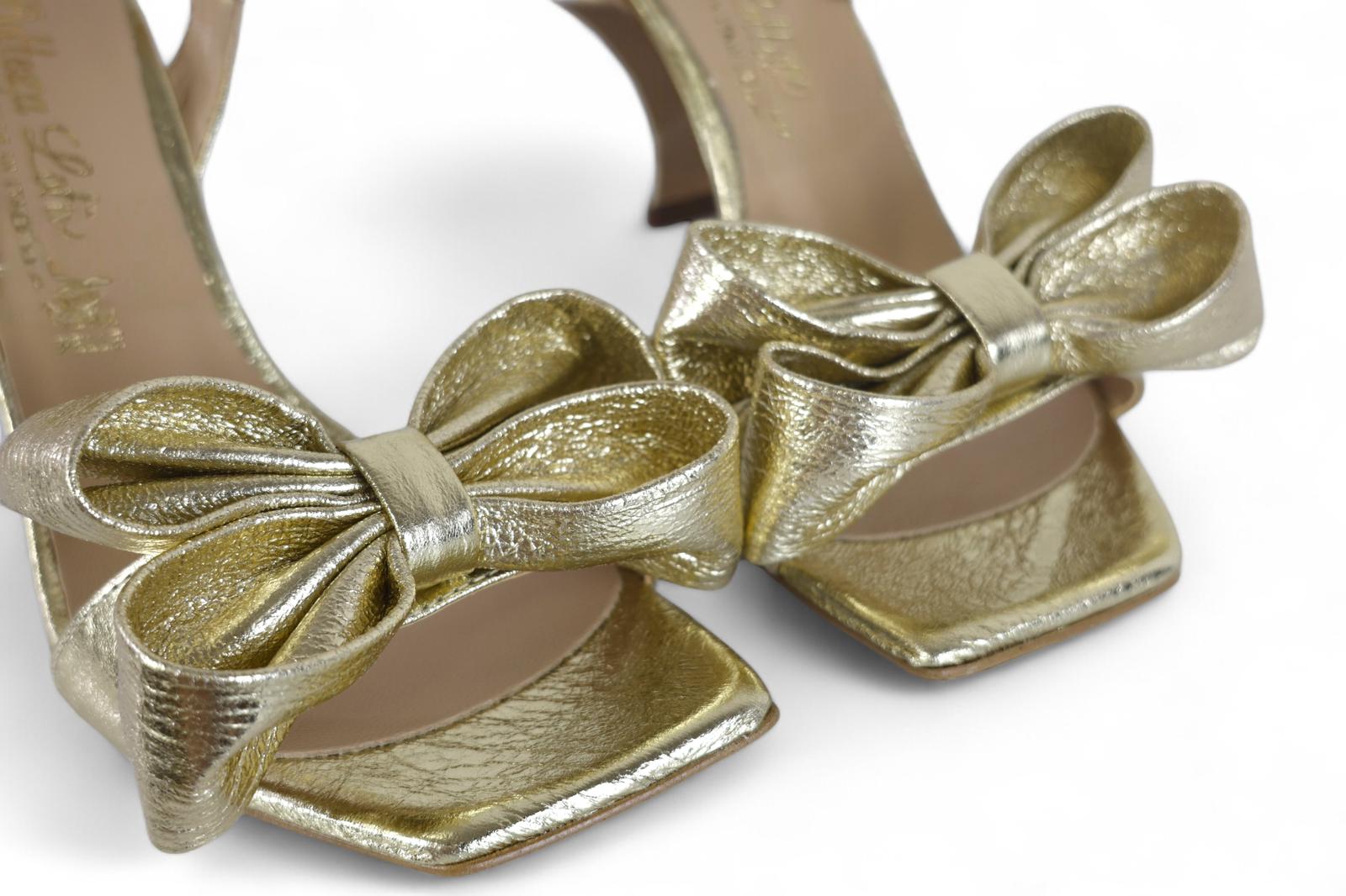 Bottega Lotti sandalo donna con tacco in laminato platino con doppio fiocco