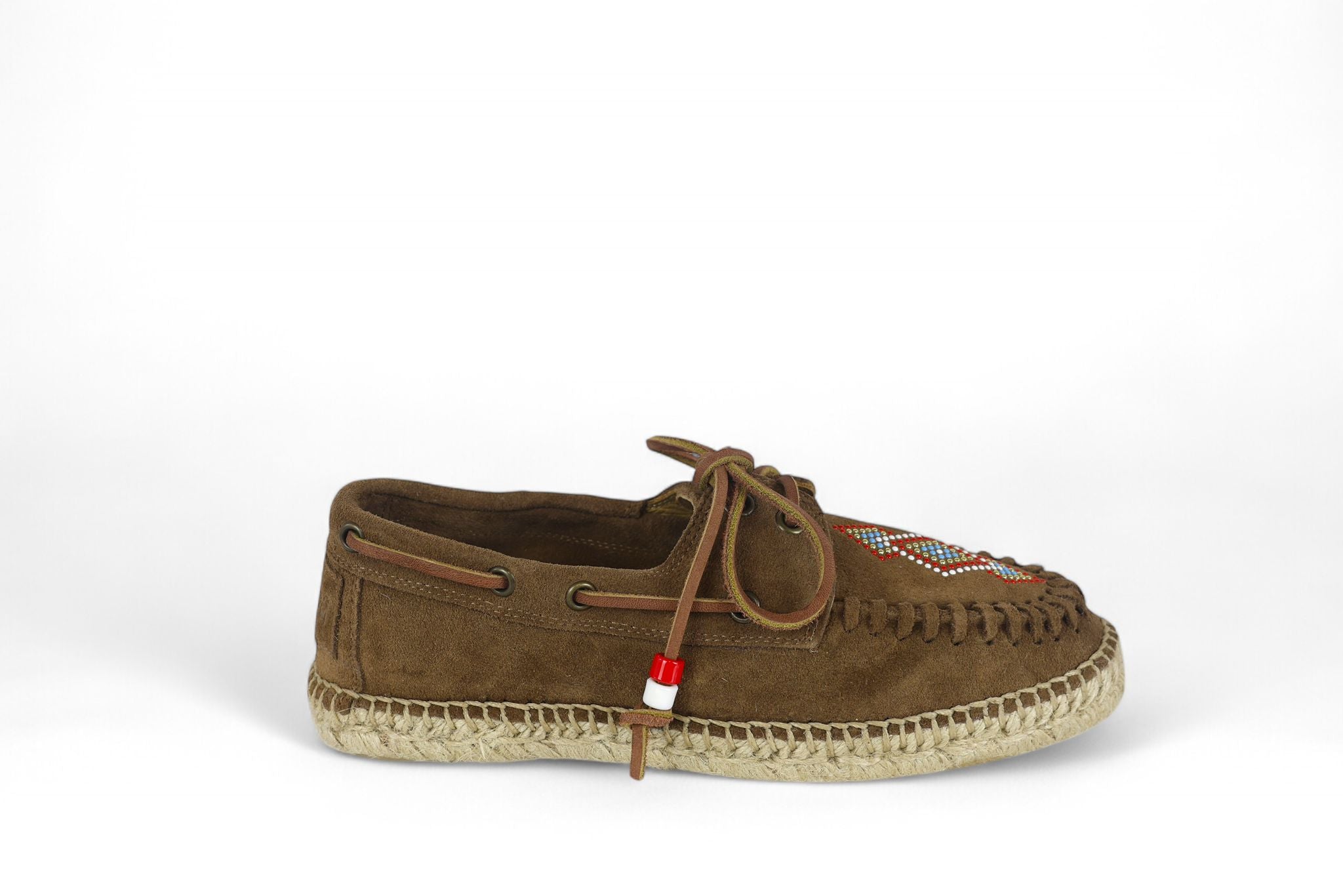 Lagoa barca donna in suede marrone con applicazione di pietrine e perline