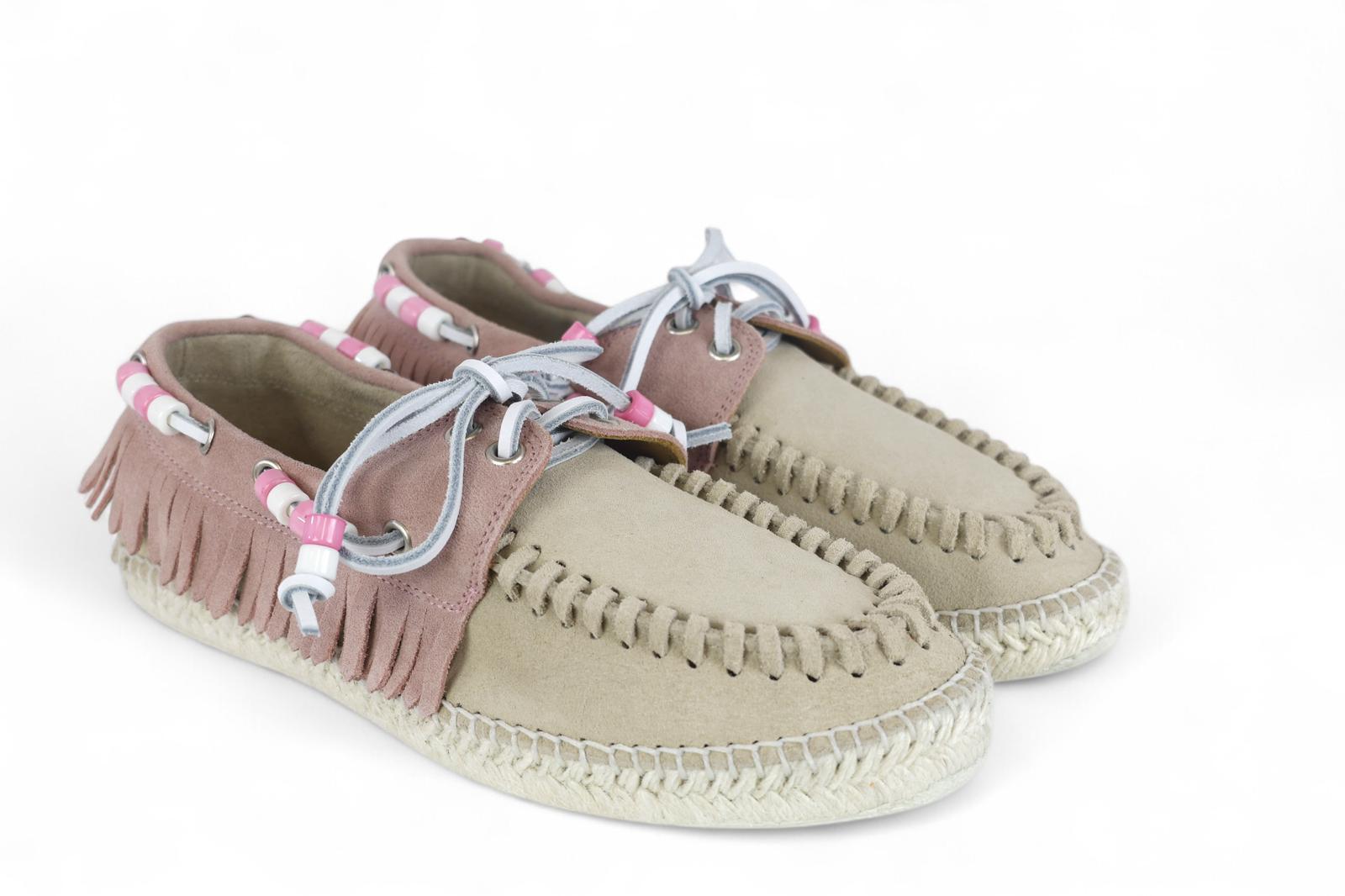 Lagoa barca donna in suede bicolor cipria e beige con frange e perline