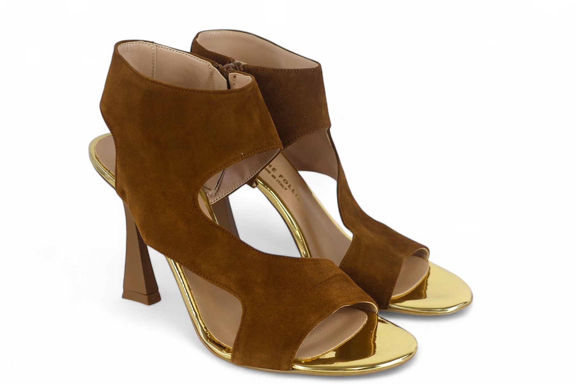 Divine Follie sandalo donna camoscio color cuoio e laminato oro