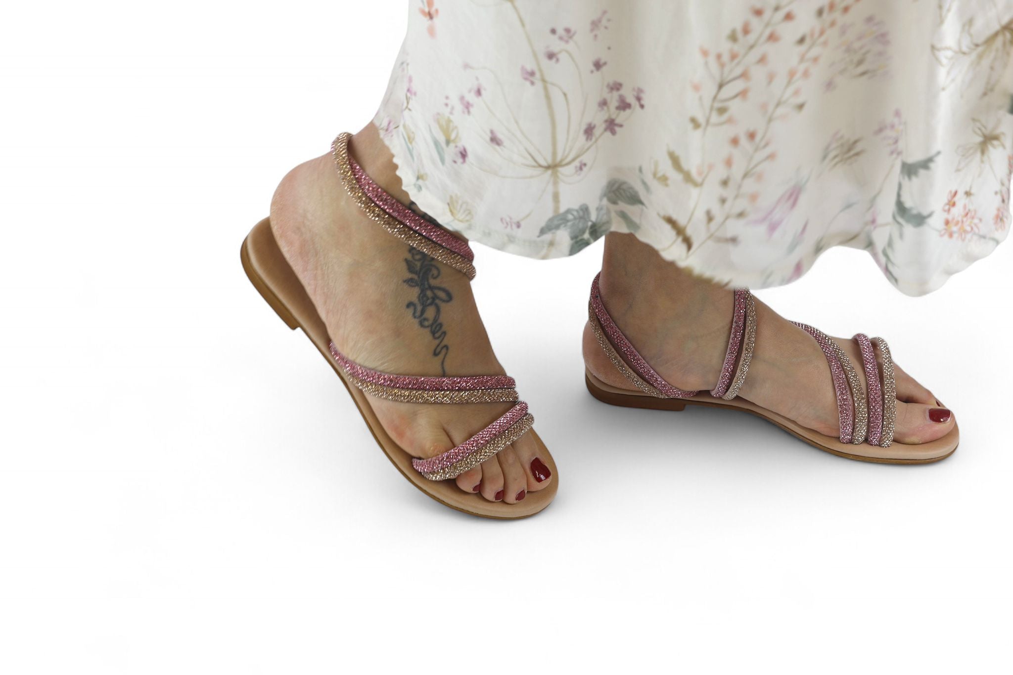 Mosaic sandalo basso donna con laccetti in strass rose gold e rosa