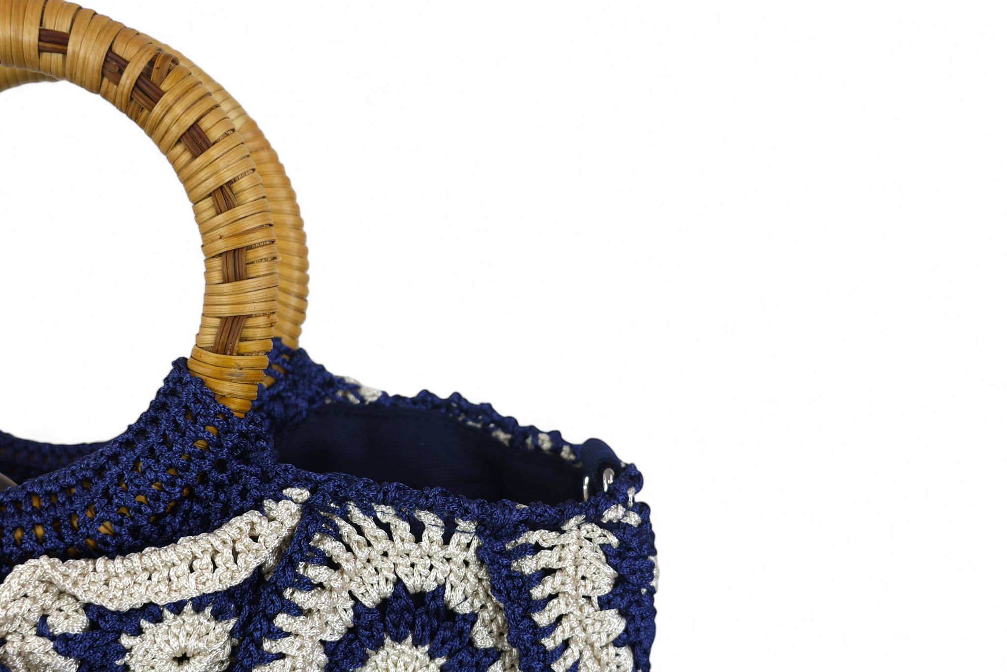Enrico Versari borsa donna uncinetto 100% cotone bicolor bianco e blu
