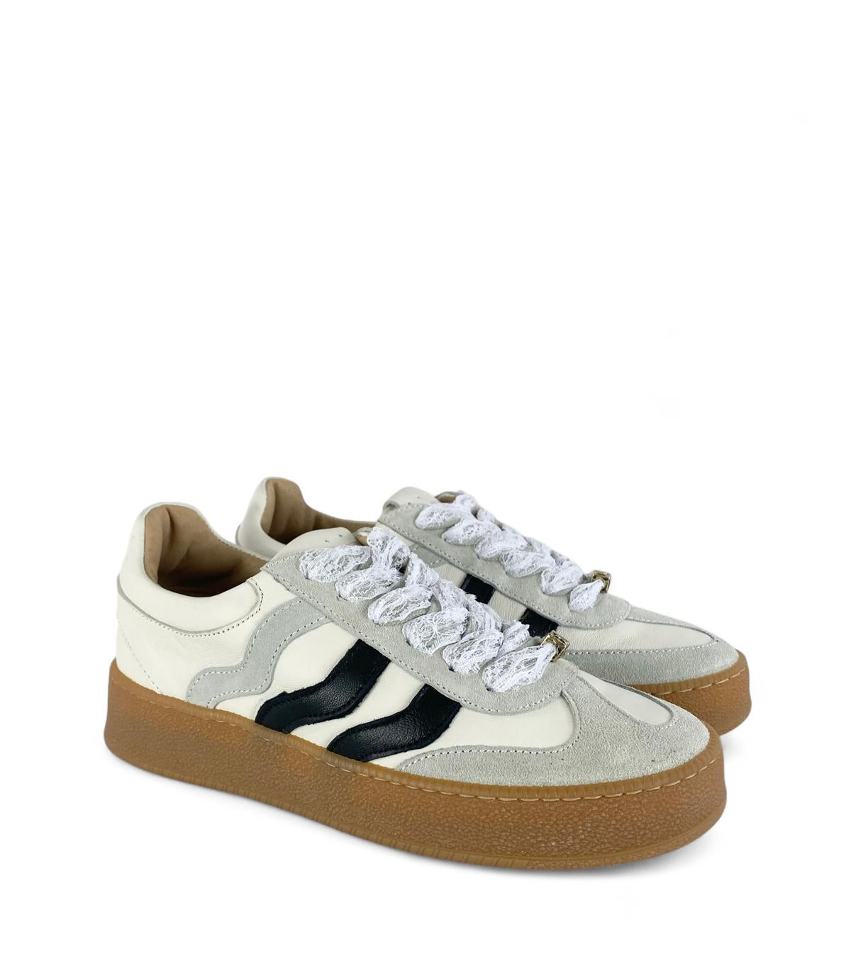 MELINE Sneaker donna in pelle e suede e Lacci in pizzo bianco