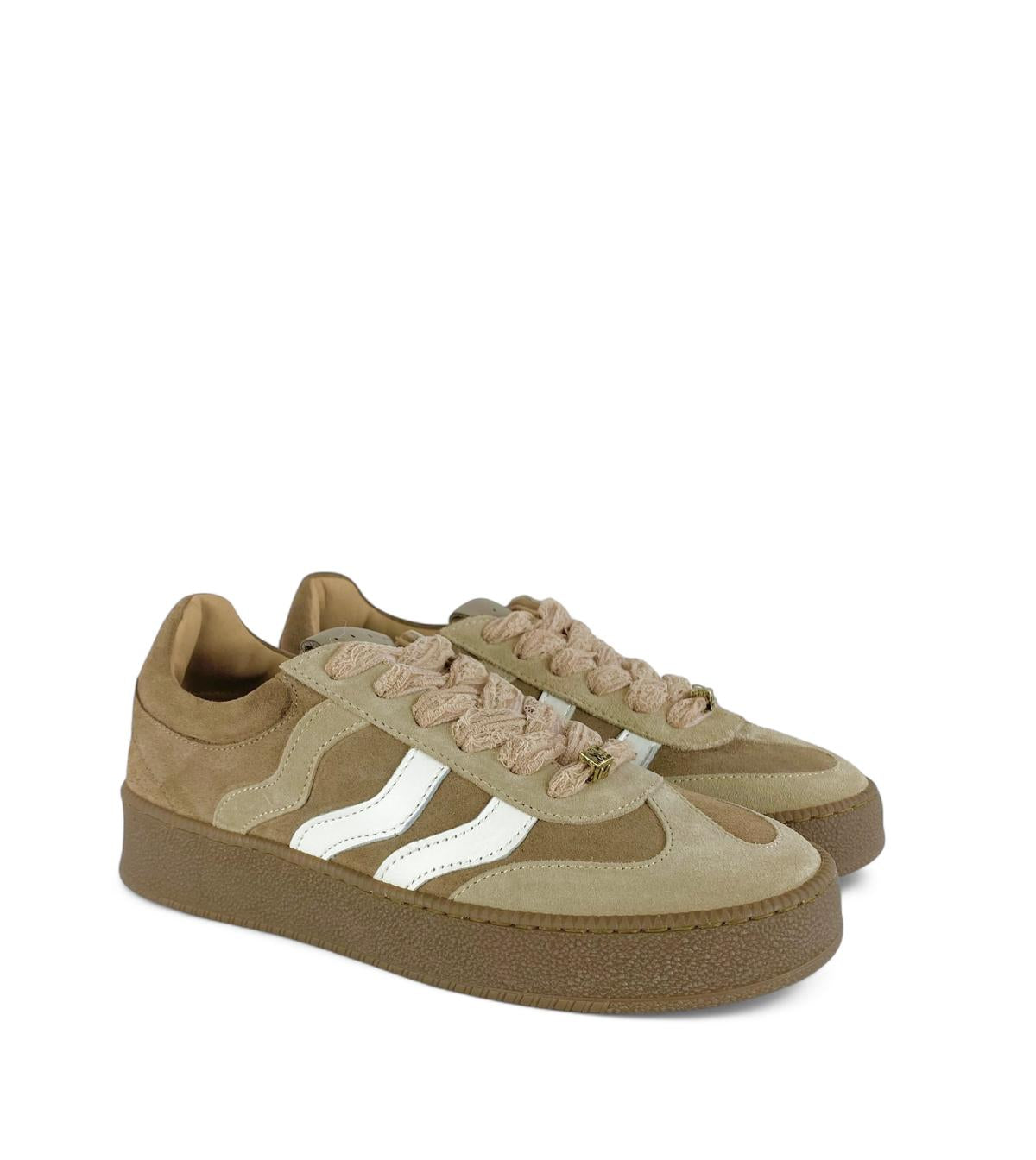 MELINE Sneaker donna in suede dettagli pelle e Lacci in pizzo beige