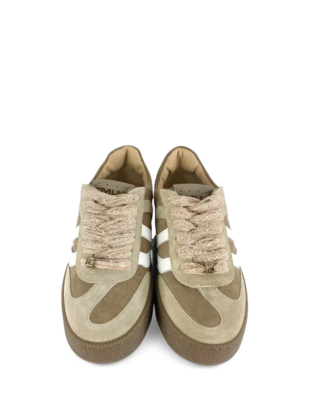 MELINE Sneaker donna in suede dettagli pelle e Lacci in pizzo beige
