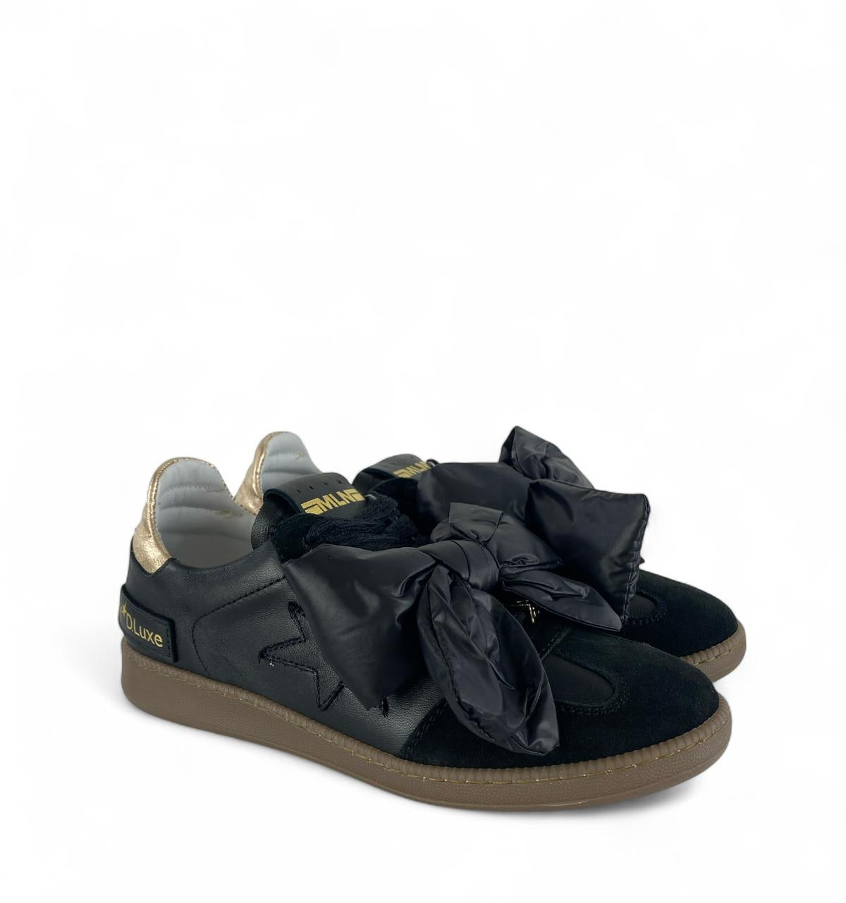 MELINE Sneaker donna in pelle e Lacci in pizzo con Fiocco in nylon Nero