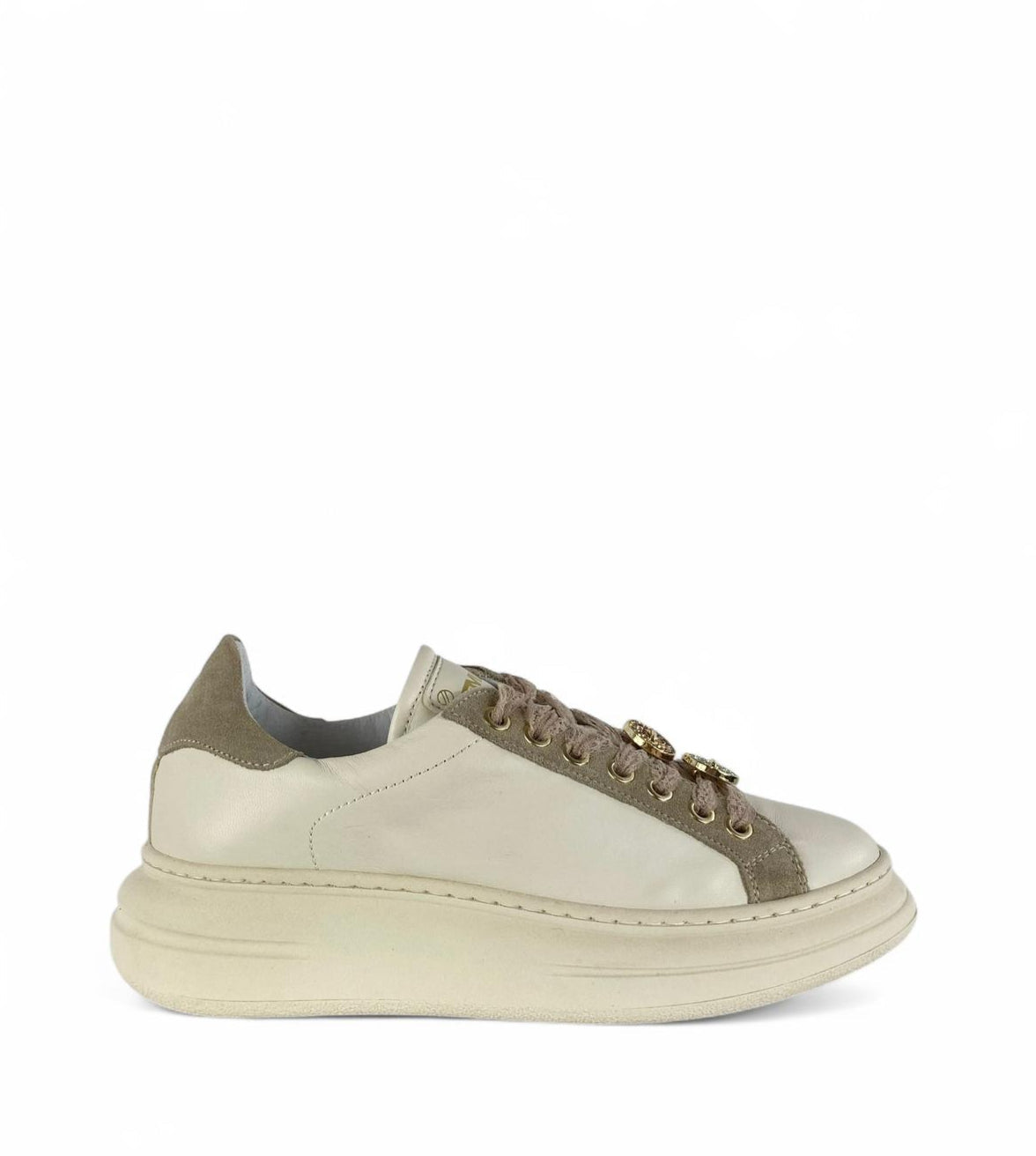 MELINE Sneaker donna in pelle e suede e Lacci in pizzo con bottoni strass crudo corda