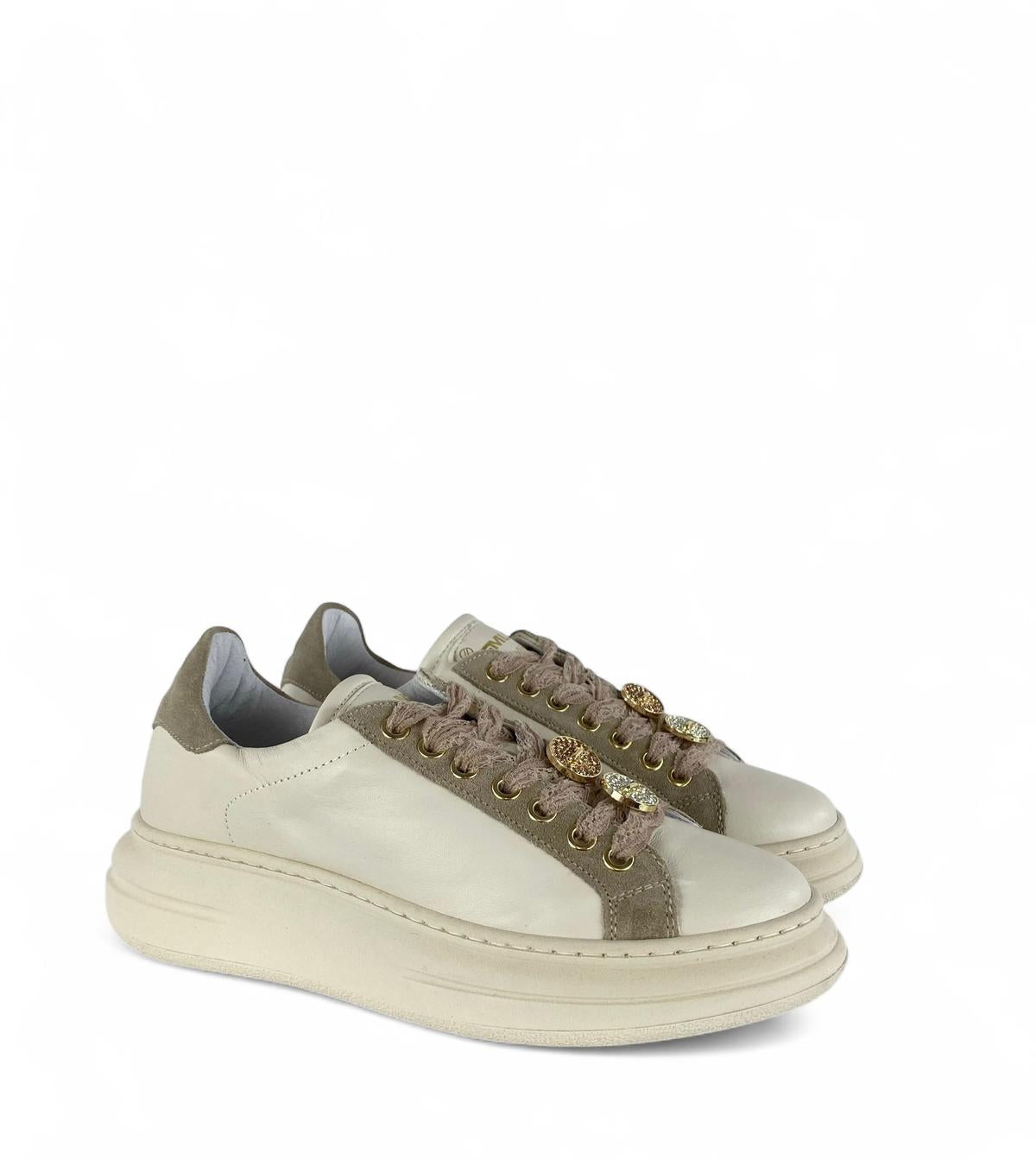MELINE Sneaker donna in pelle e suede e Lacci in pizzo con bottoni strass crudo corda