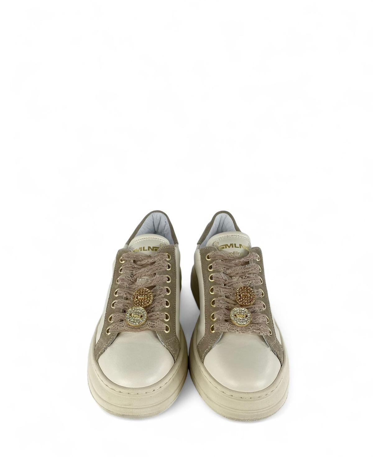 MELINE Sneaker donna in pelle e suede e Lacci in pizzo con bottoni strass crudo corda