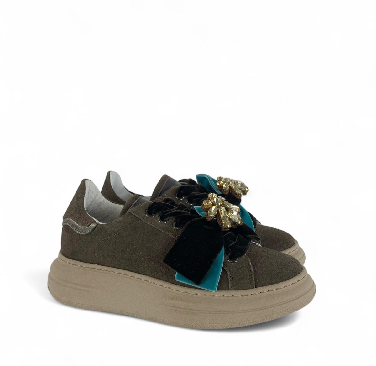 MELINE Sneaker donna dettagli in pelle e Fiocco removibile in velluto marrone