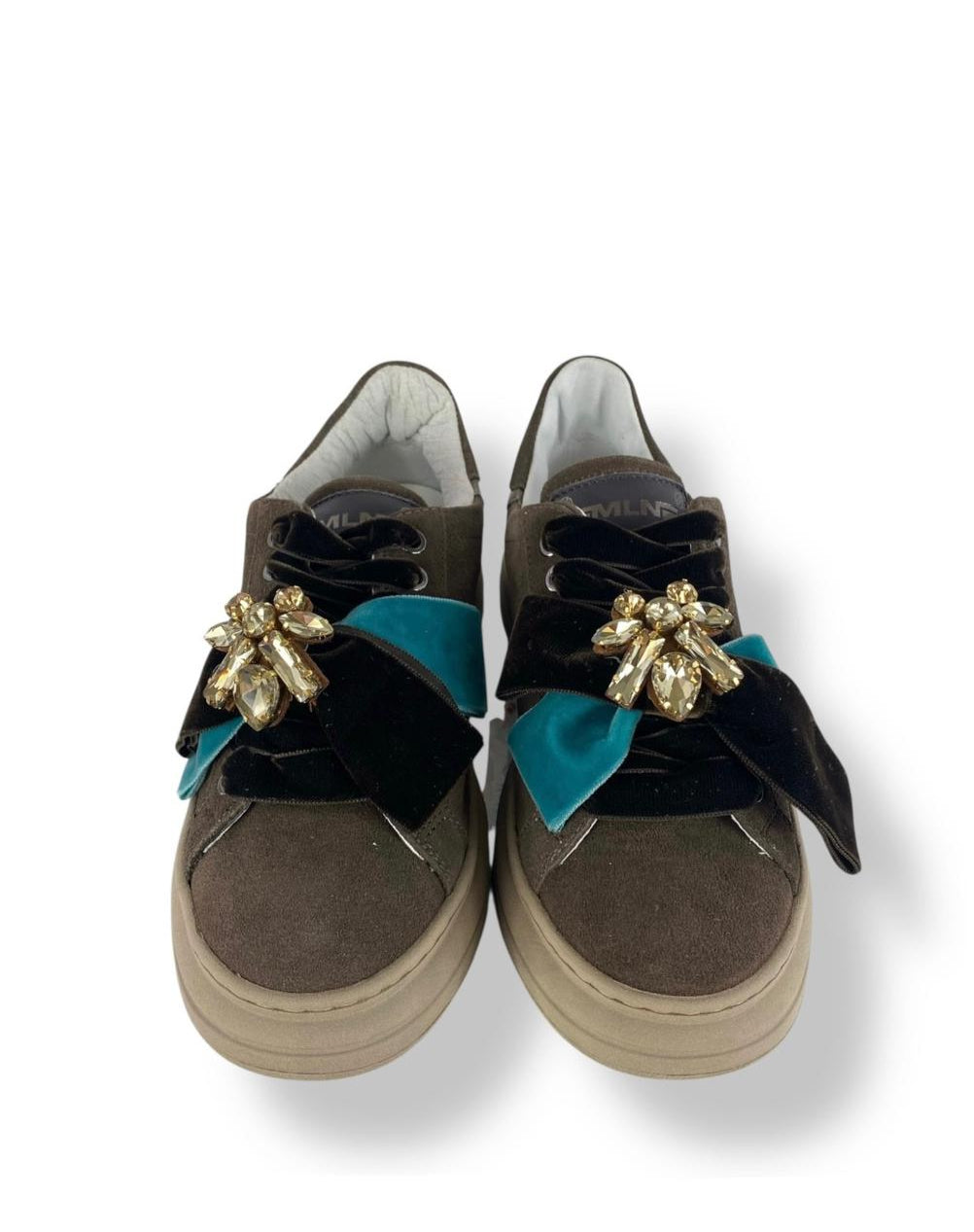 MELINE Sneaker donna dettagli in pelle e Fiocco removibile in velluto marrone