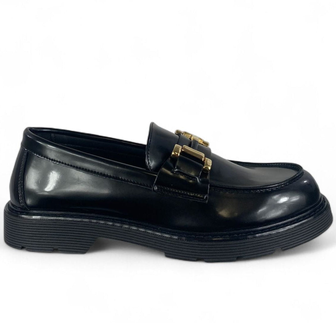 BOTTEGA LOTTI Mocassini in ecopelle lucida con morsetto oro nero