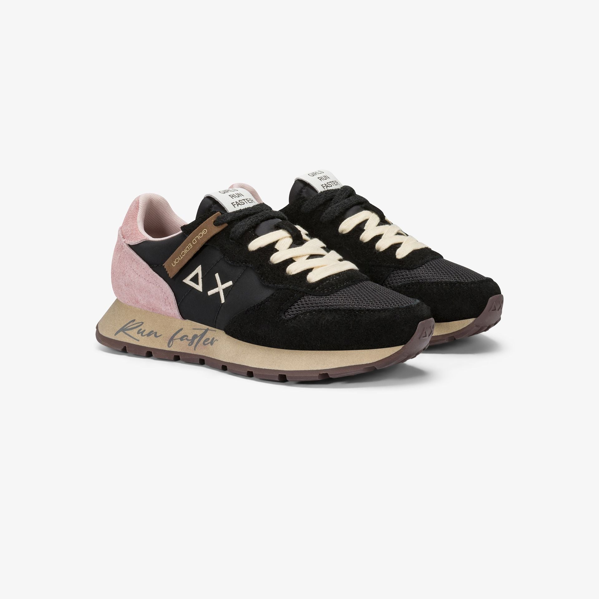SUN68 Sneaker donna stile vintage in nylon mesh suede nero e rosa