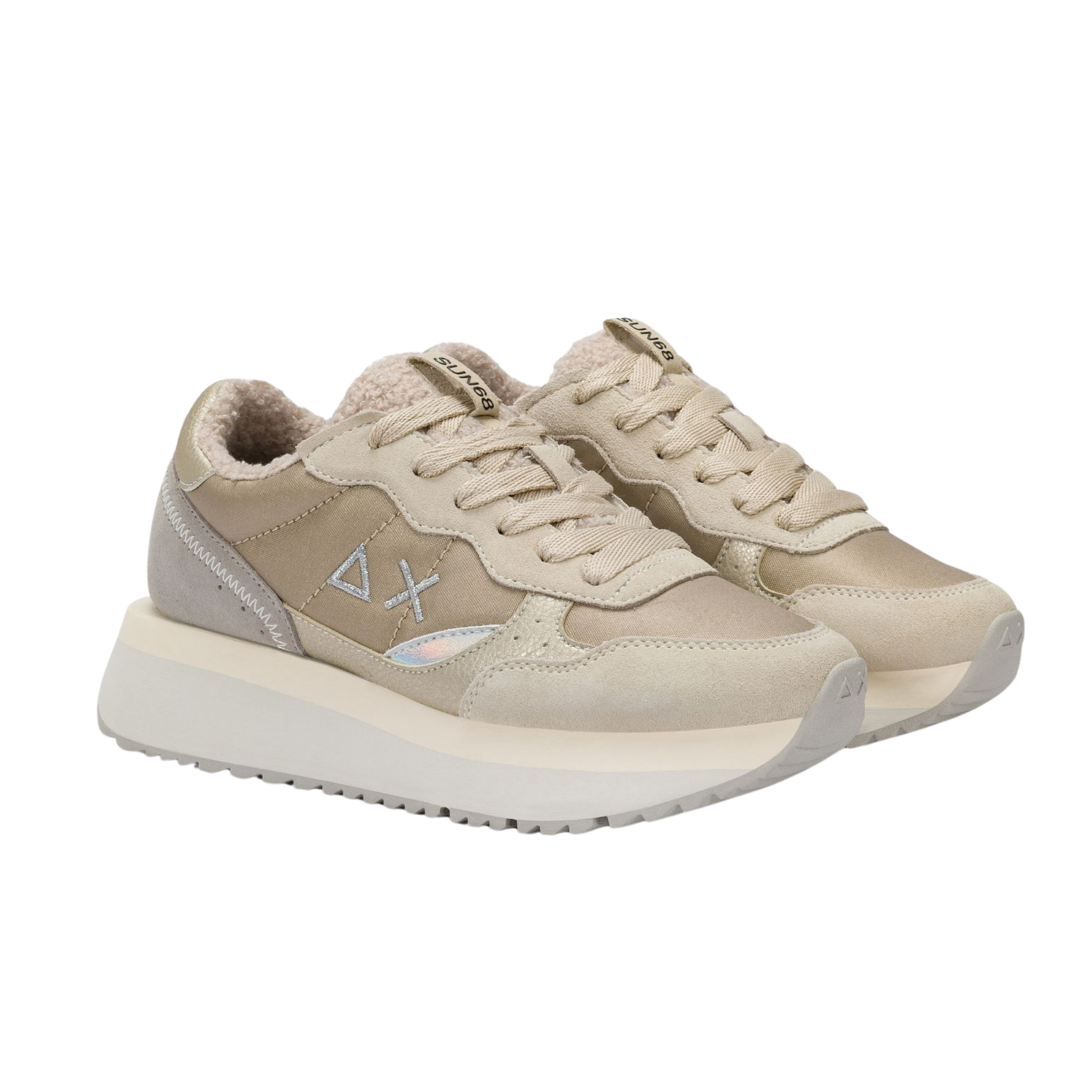 SUN68 Sneaker donna tela suede Dettagli teddy panna