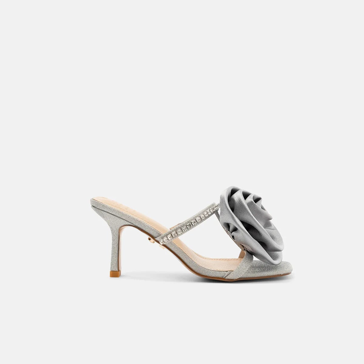 TwentyFourHaitch mules donna in lurex argento con listino gioiello e fiore in satin