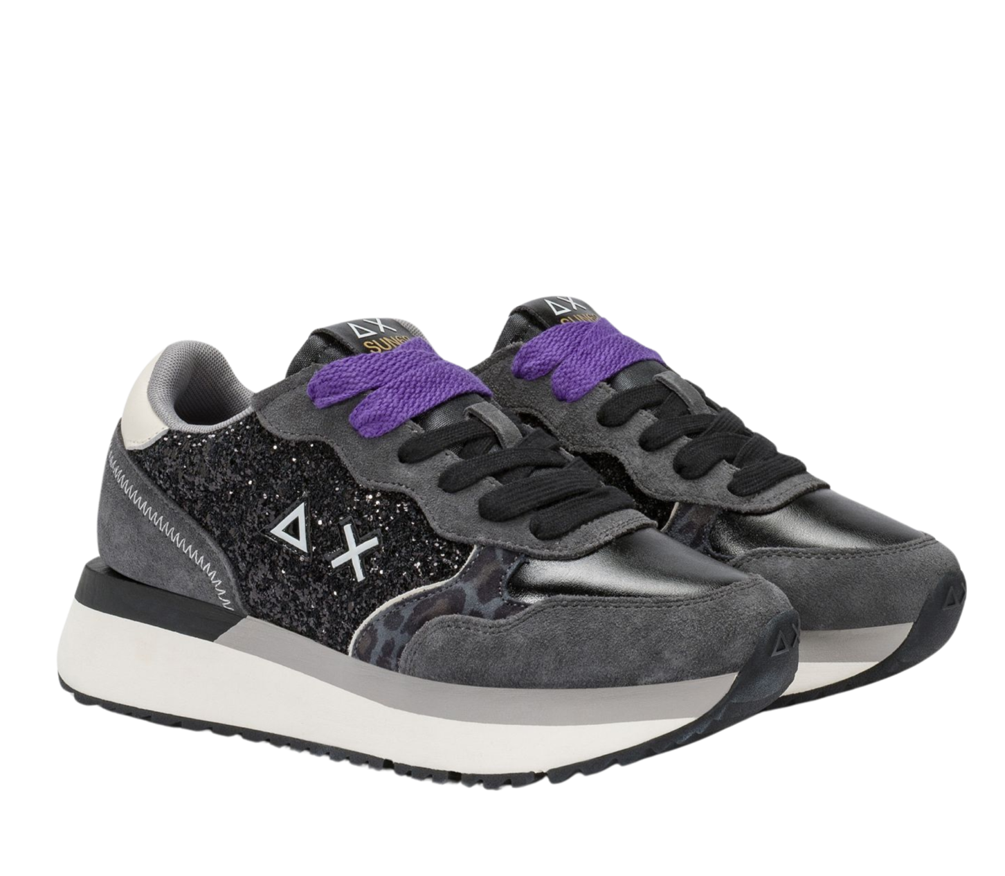 SUN68 Sneaker donna glitter suede dettagli animalier nero