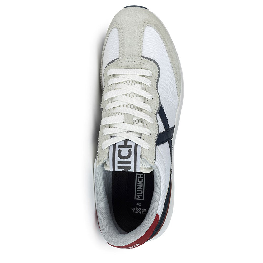 Munich Sneaker uomo tela bianca e suede ghiaccio con dettagli blu e rosso