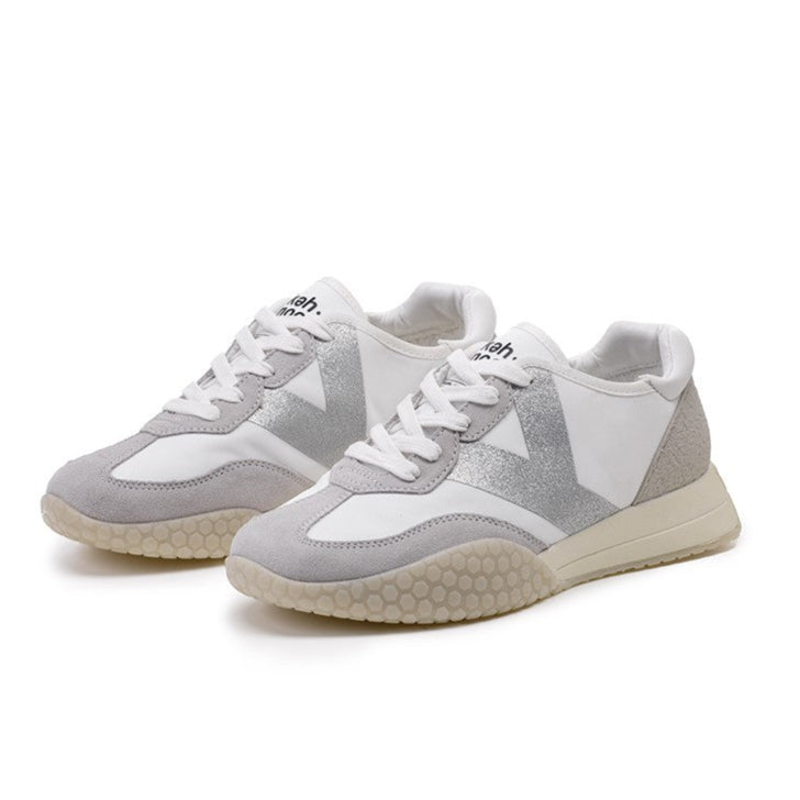 Kehnoo sneaker donna in nylon e suede bianco e grigio con logo glitter argento