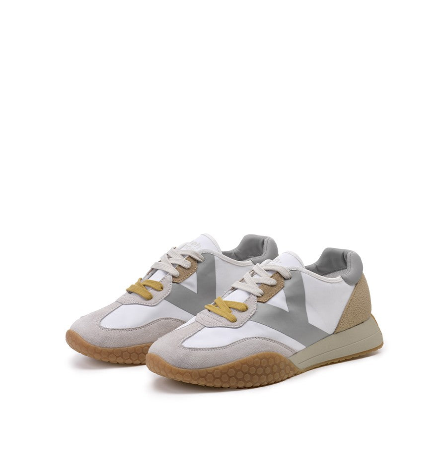 Kehnoo sneaker uomo in nylon e suede bianco con logo e toppone grigio e dettagli beige