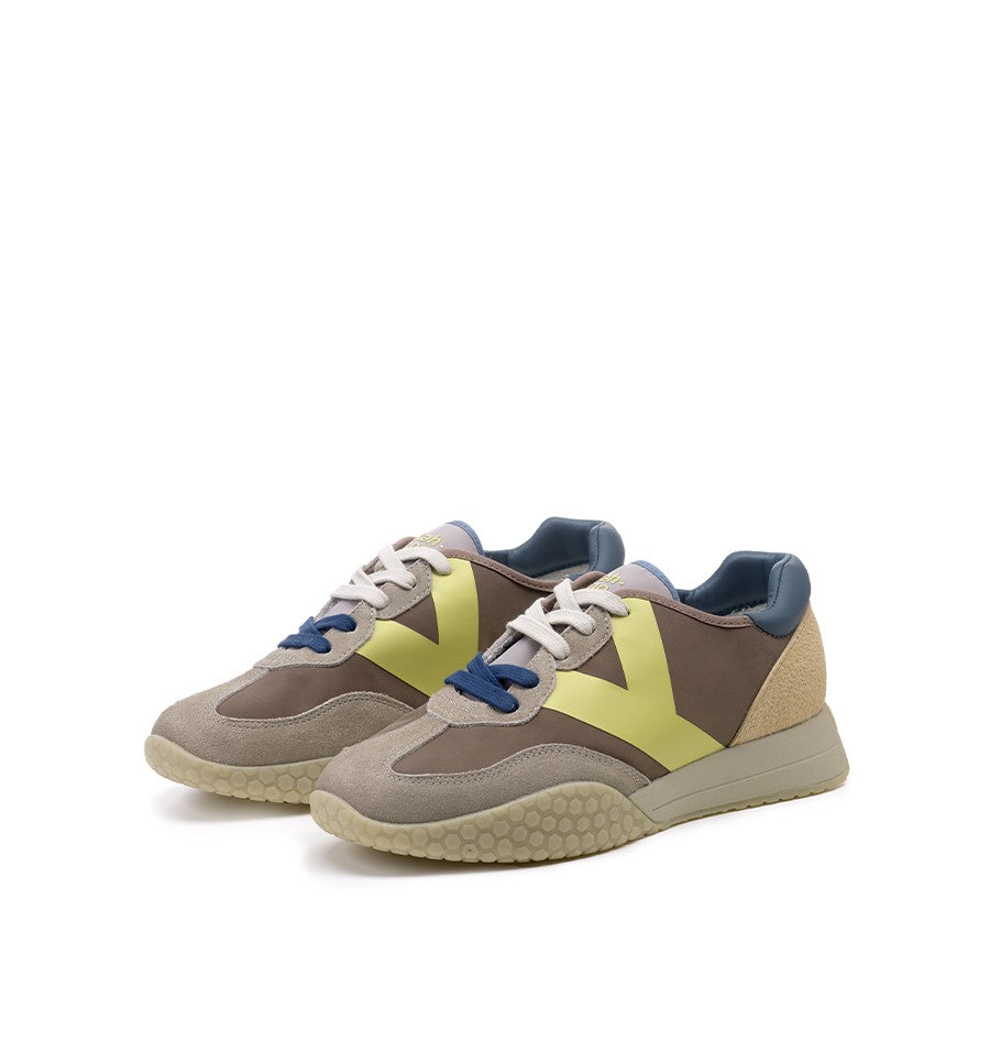 Kehnoo sneaker uomo in nylon e suede khaky con logo lime e dettagli avio