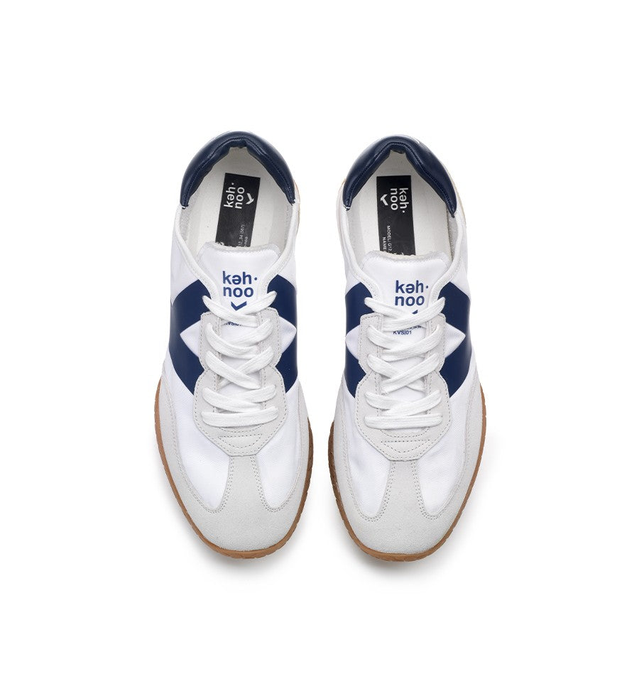 Kehnoo sneaker uomo in nylon e suede bianco con logo e dettagli navy