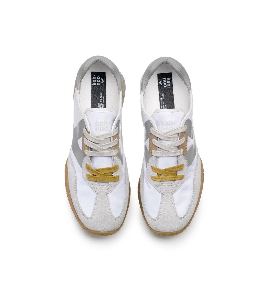 Kehnoo sneaker uomo in nylon e suede bianco con logo e toppone grigio e dettagli beige