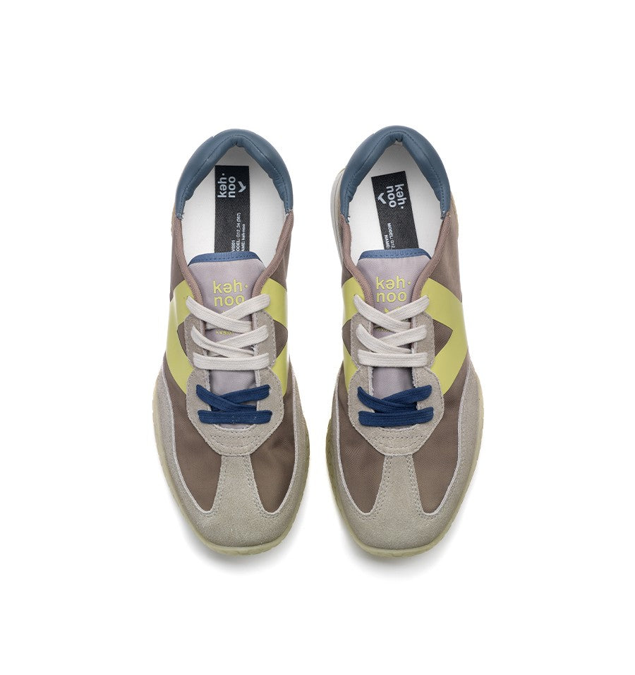 Kehnoo sneaker uomo in nylon e suede khaky con logo lime e dettagli avio