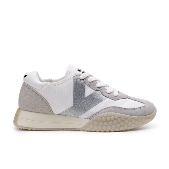 Kehnoo sneaker donna in nylon e suede bianco e grigio con logo glitter argento