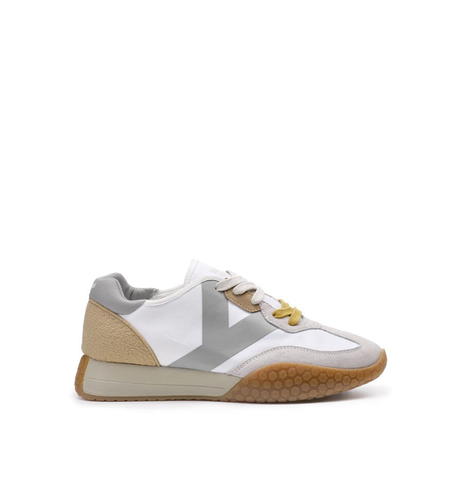 Kehnoo sneaker uomo in nylon e suede bianco con logo e toppone grigio e dettagli beige