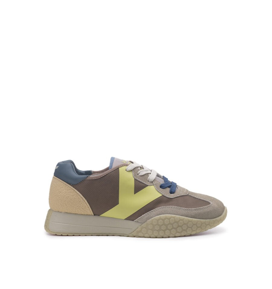 Kehnoo sneaker uomo in nylon e suede khaky con logo lime e dettagli avio