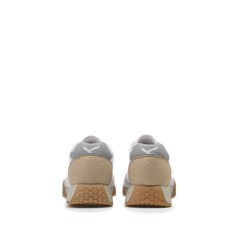 Kehnoo sneaker uomo in nylon e suede bianco con logo e toppone grigio e dettagli beige