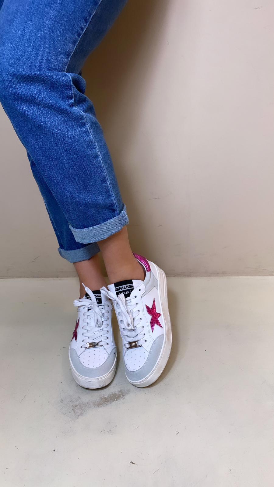 Méliné Sneaker donna con Dettagli Crack Fucsia in Pelle Bianca