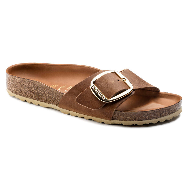 Birkenstock Ciabatta Donna Madrid big buckle pelle oliata cognac