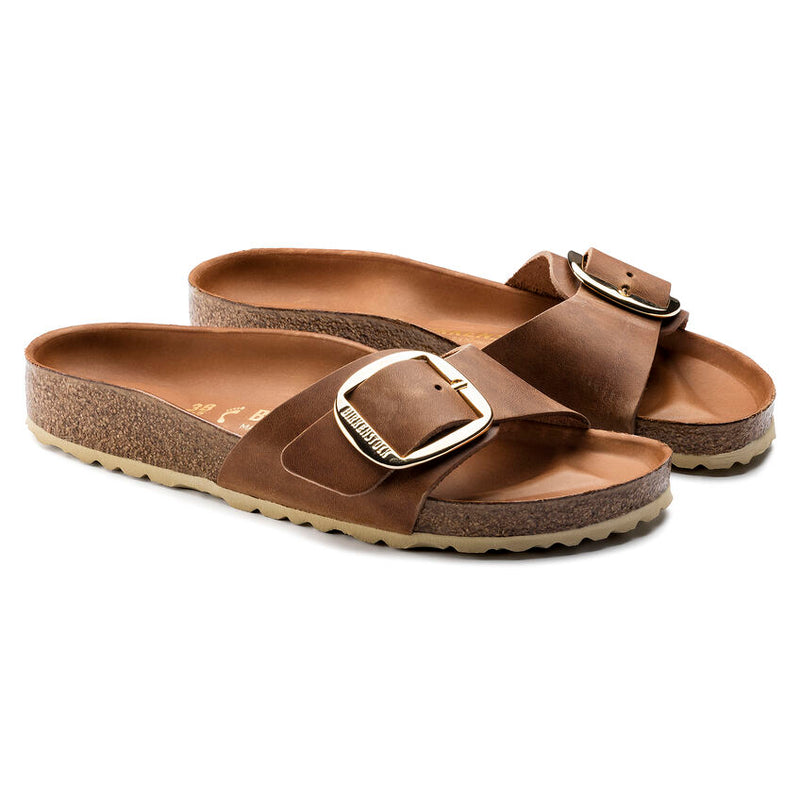 Birkenstock Ciabatta Donna Madrid big buckle pelle oliata cognac