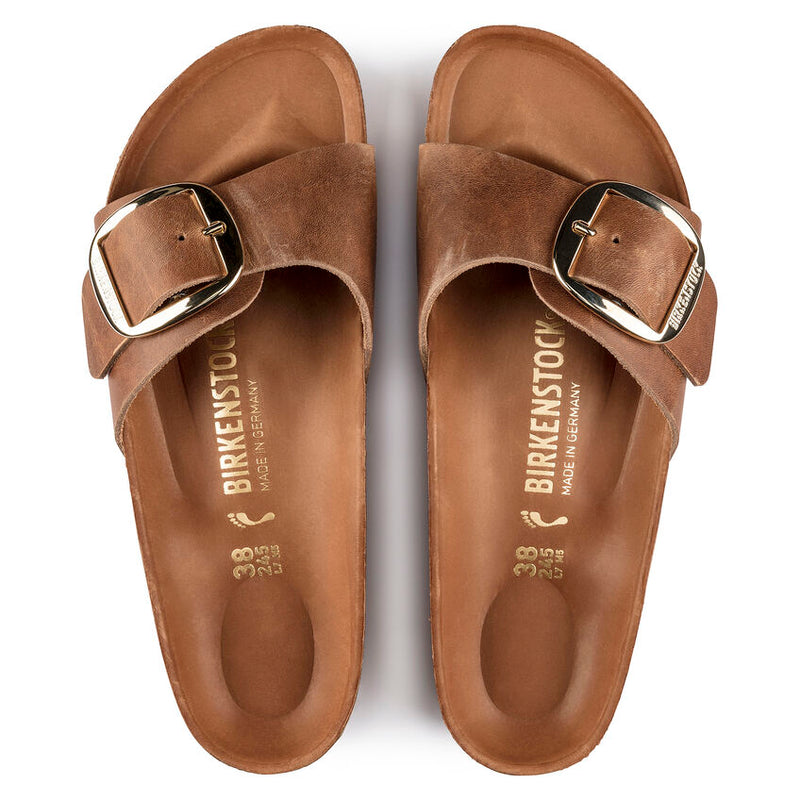 Birkenstock Ciabatta Donna Madrid big buckle pelle oliata cognac