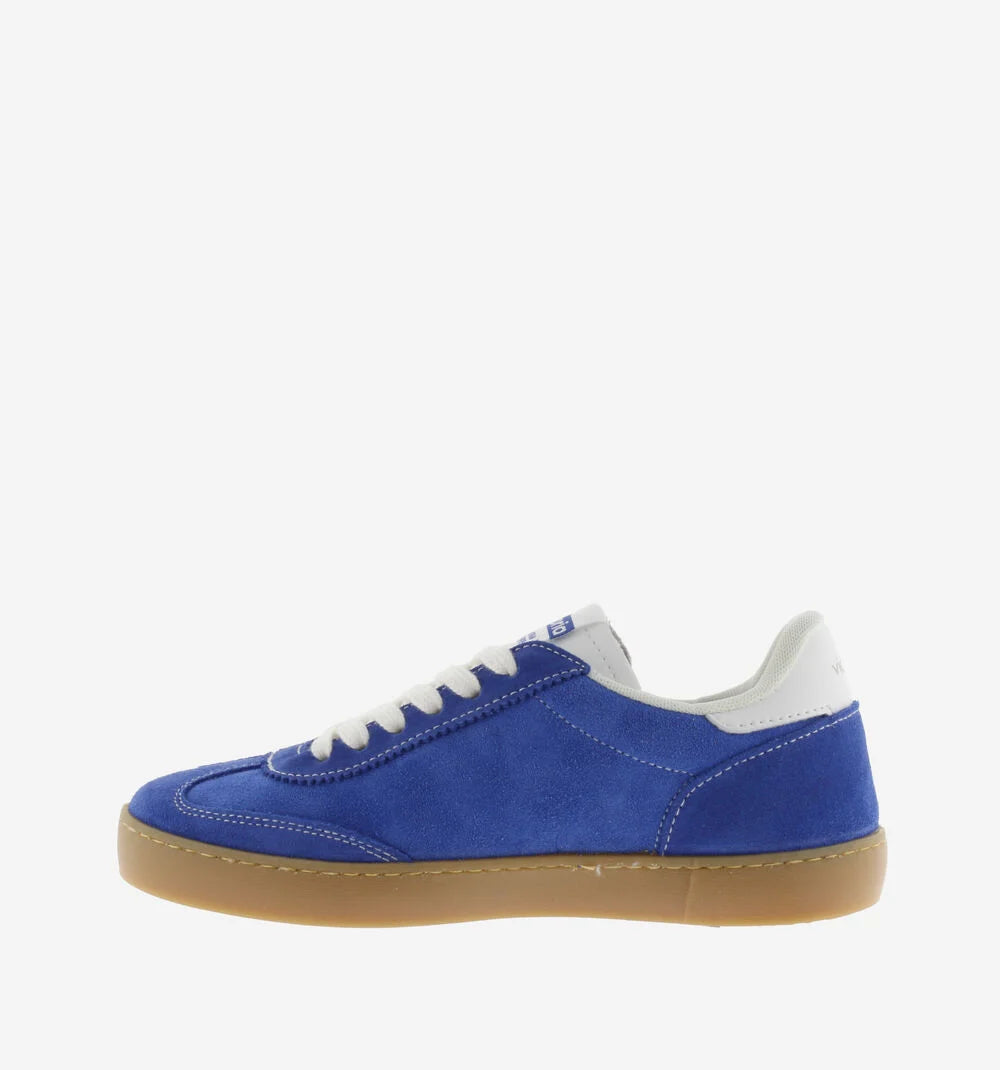 Victoria sneakers donna in suede blu e fondo miele con toppone e logo bianco