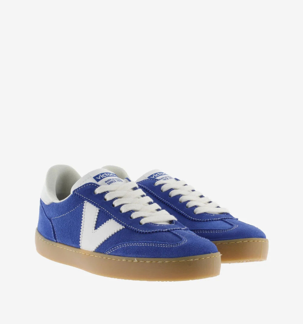 Victoria sneakers donna in suede blu e fondo miele con toppone e logo bianco