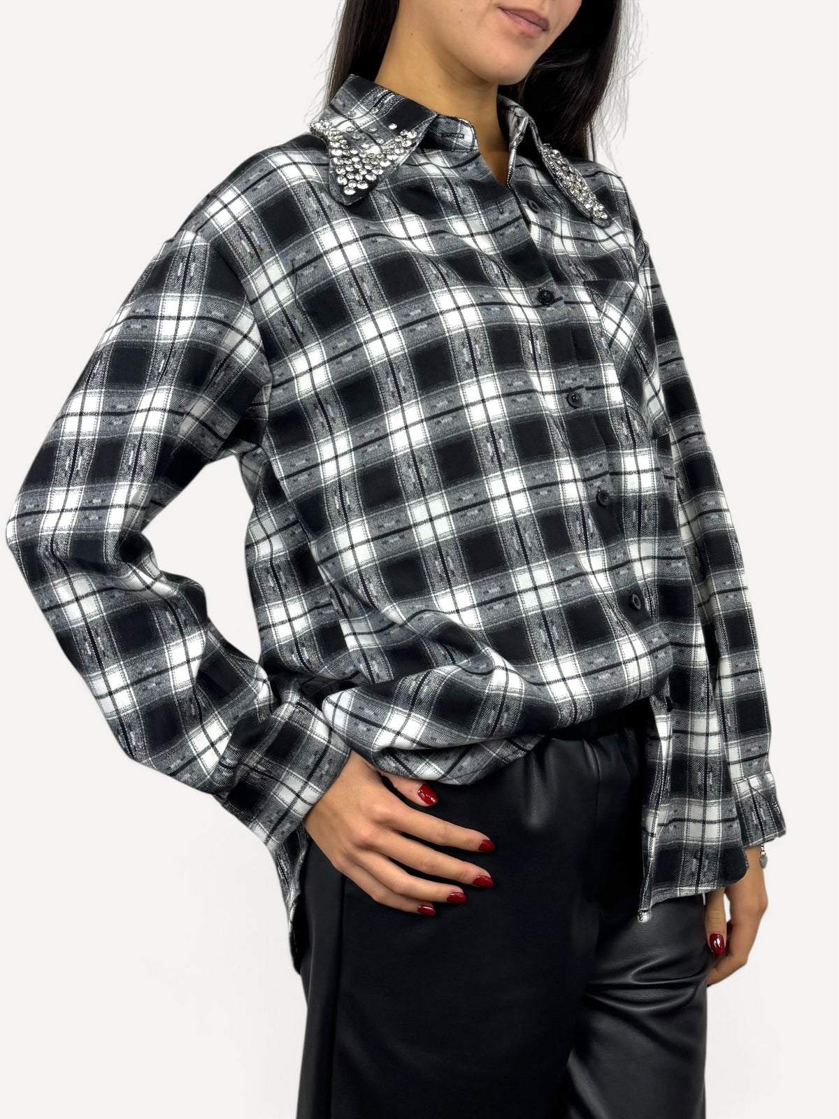 CECILE CAMICIA IN CHECK CON STRASS NERO