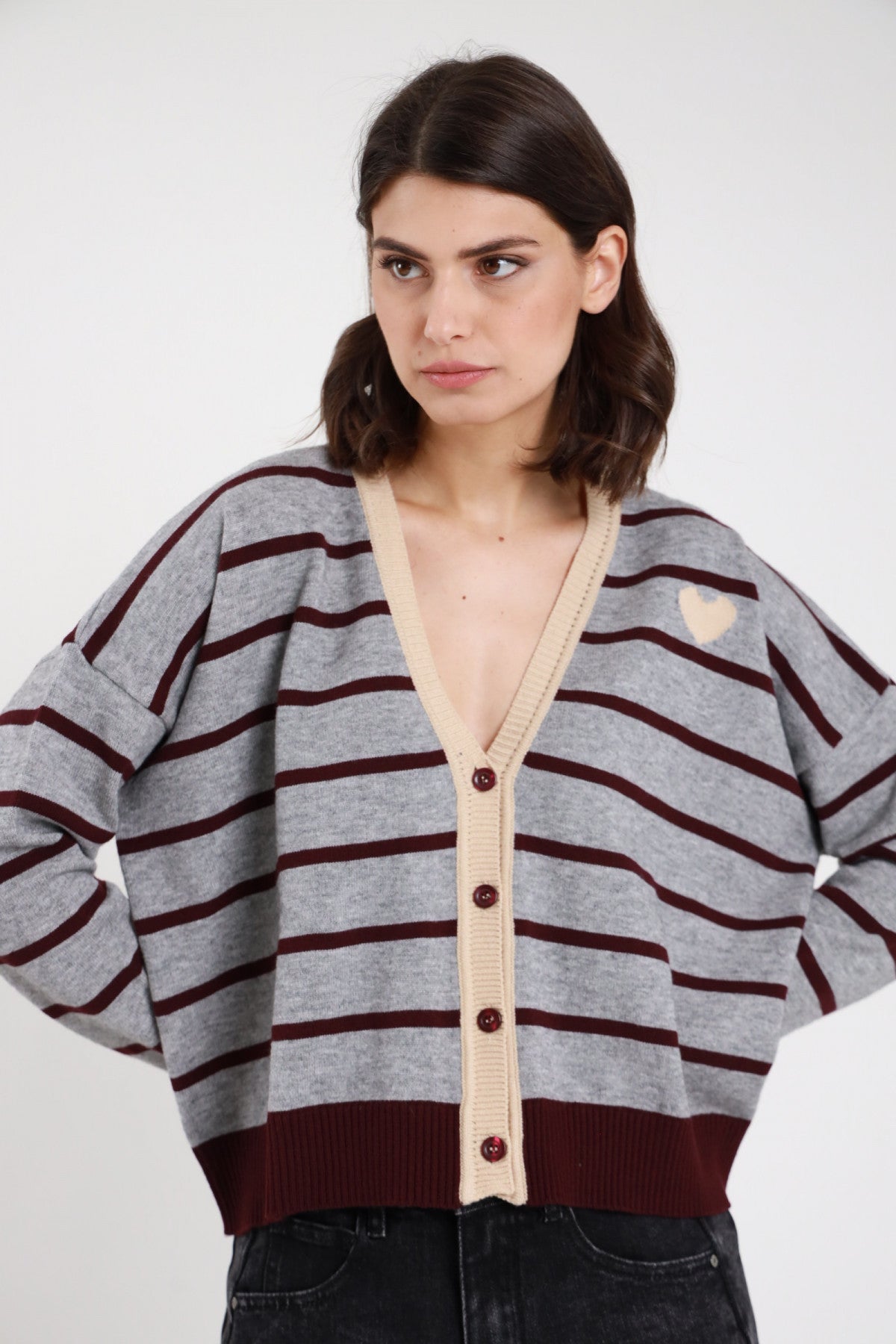 SUSY MIX CARDIGAN RIGHE E CUORICINO