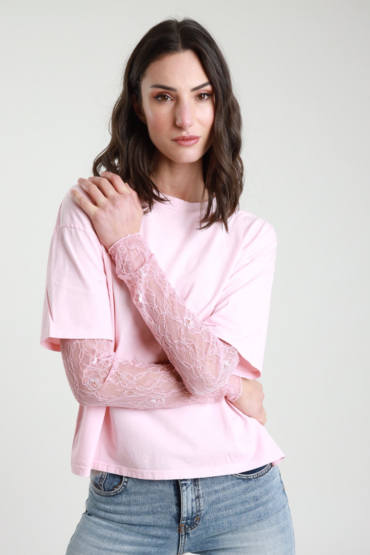 SUSY MIX MAGLIETTA MANICA PIZZO ROSA