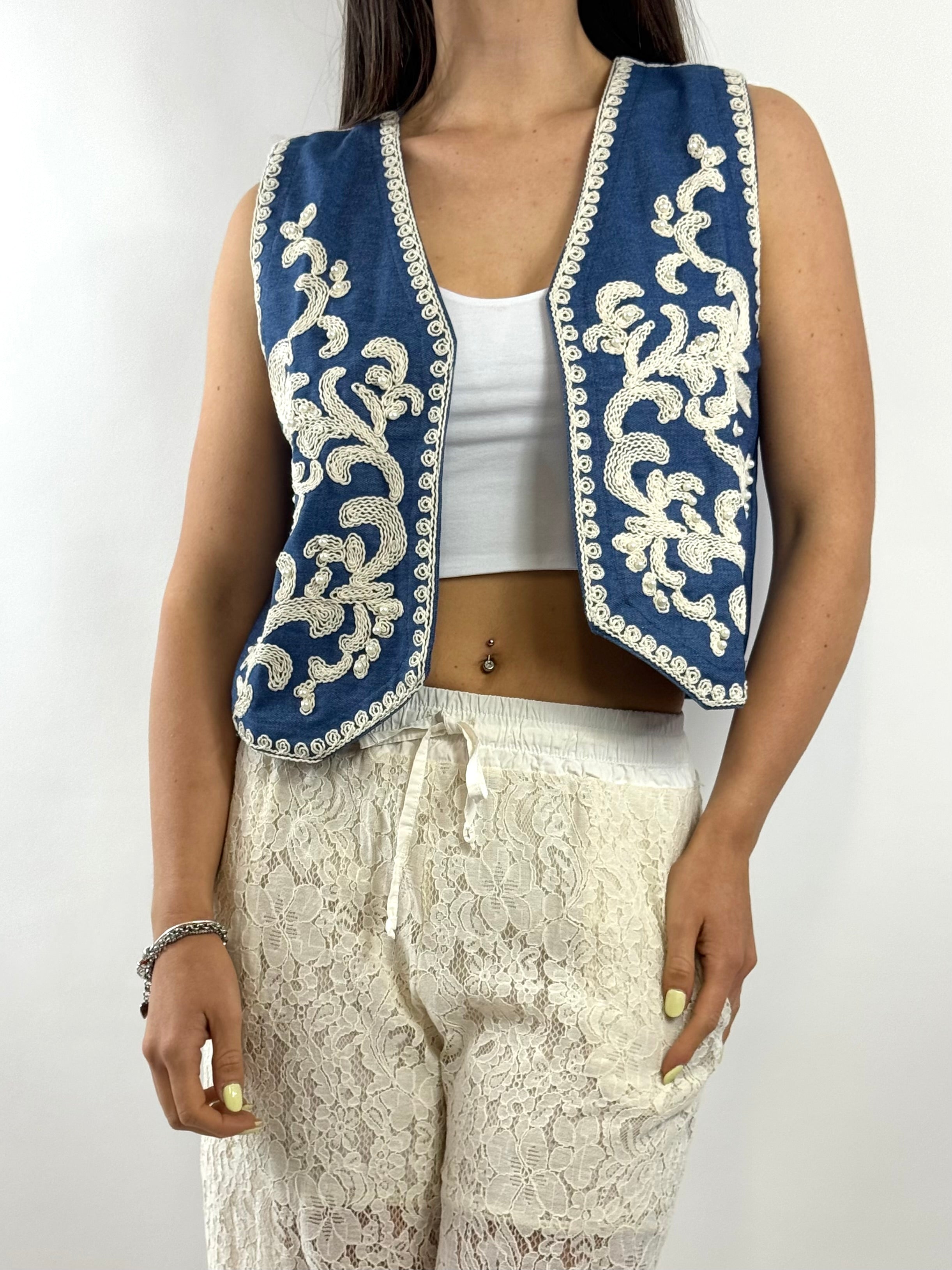 SUSY MIX GILET RICAMI E PERLINE DENIM