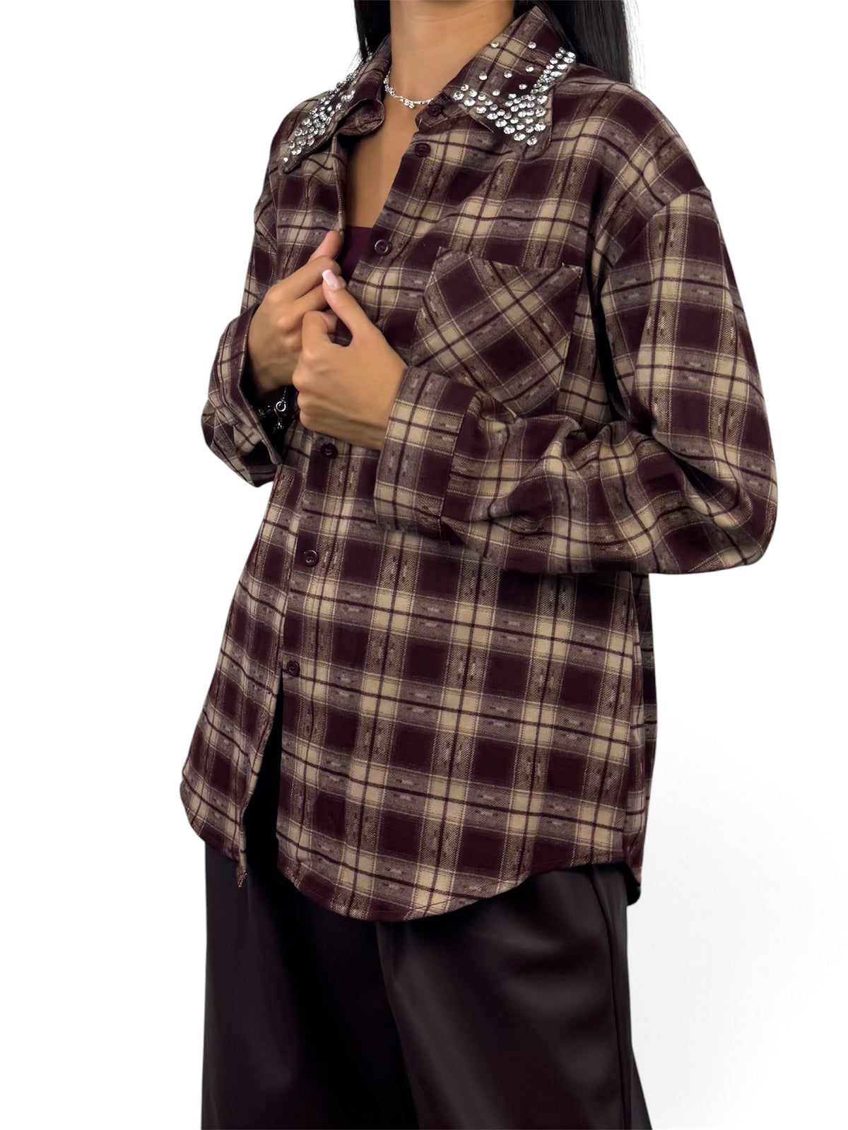 CECILE CAMICIA IN CHECK E STRASS BORDEAUX