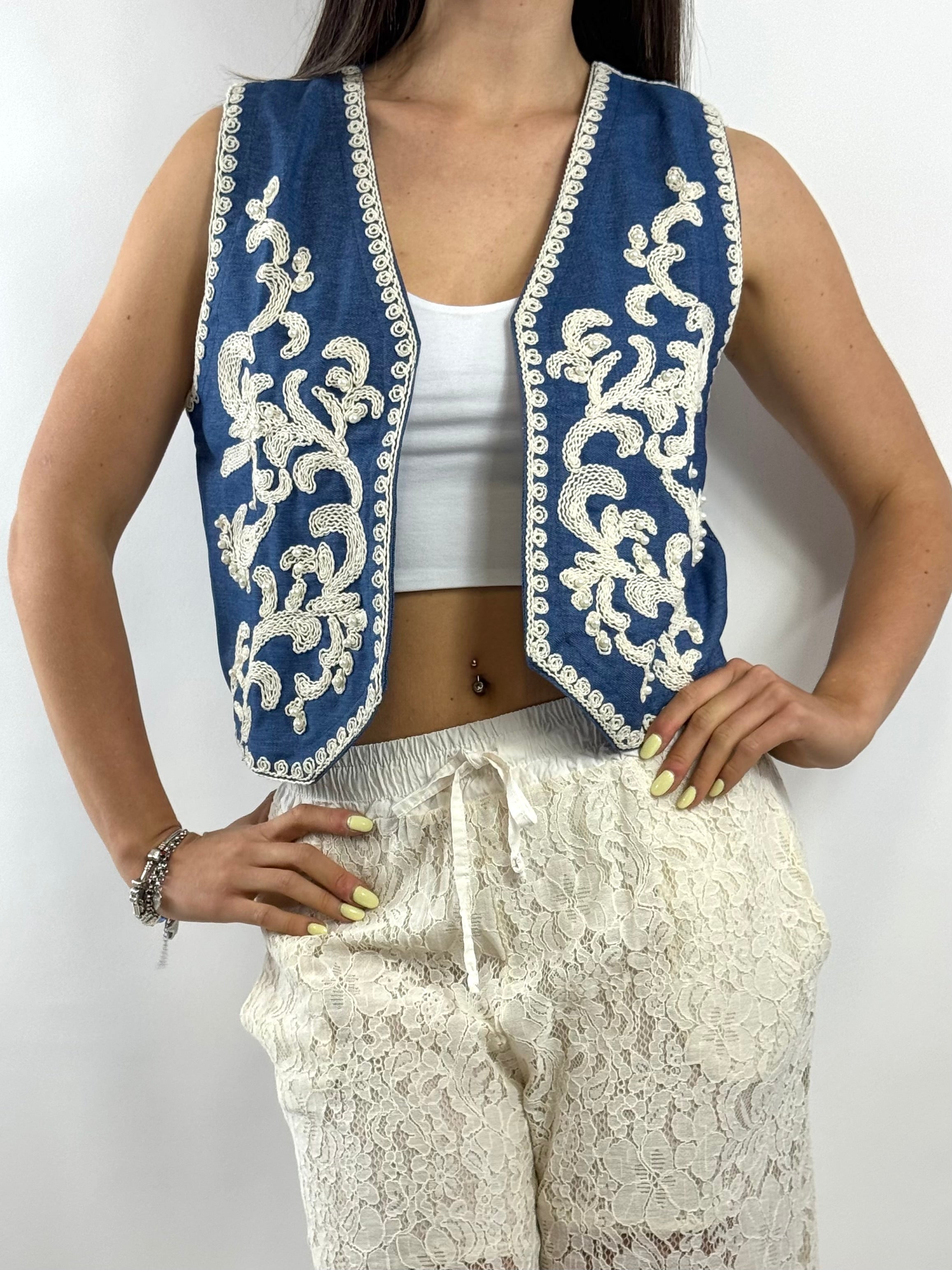 SUSY MIX GILET RICAMI E PERLINE DENIM