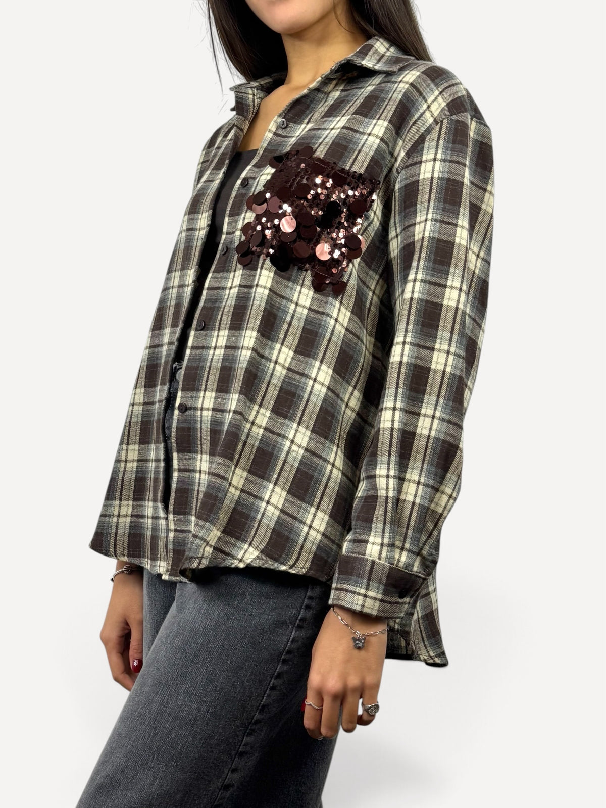 SUSY MIX CAMICIA A QUADRI CON TASCA IN PAILLETTES