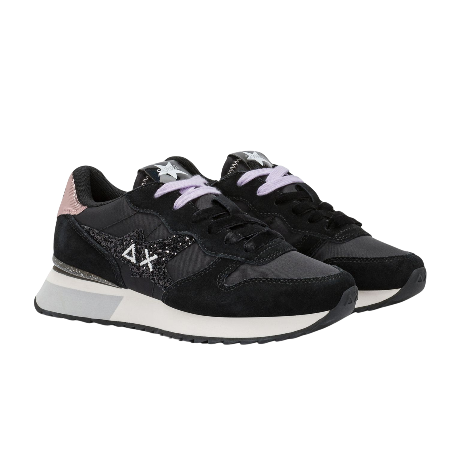 SUN68 Sneaker donna in tela e suede Logo glitter nero