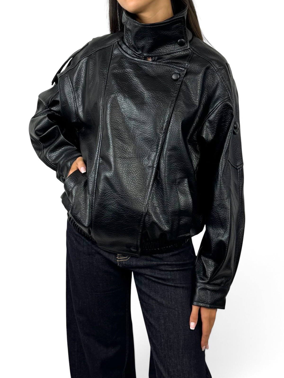 CECILE GIACCA BOMBER IN SIMIL PELLE NERO